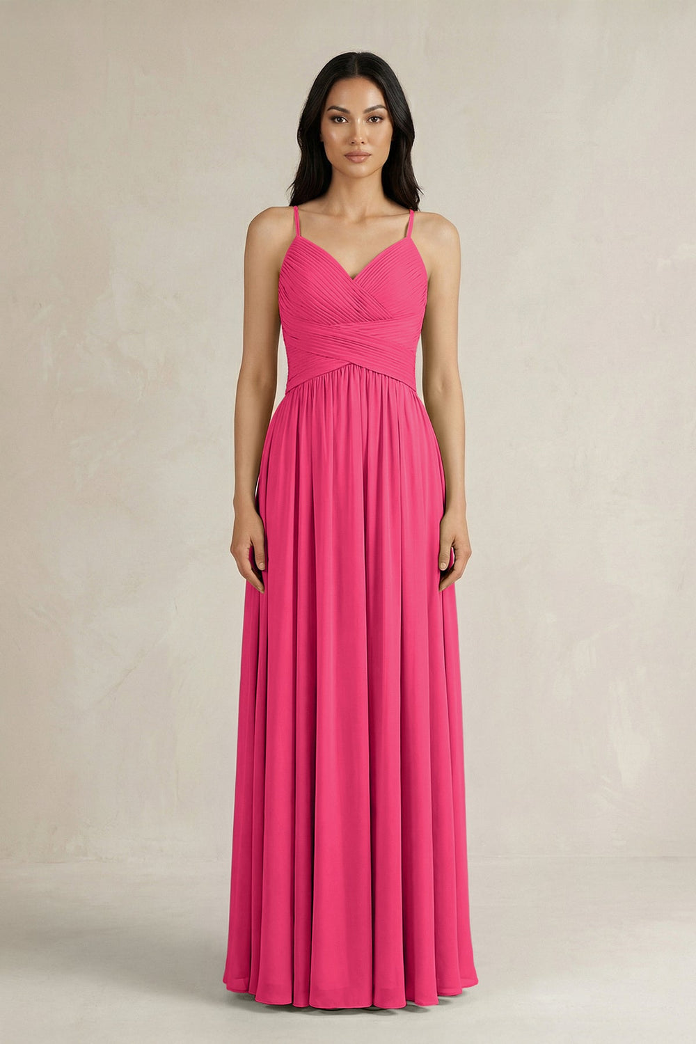 A-Line Pleated Spaghetti Strap Chiffon Bridesmaid Dress in Fuchsia