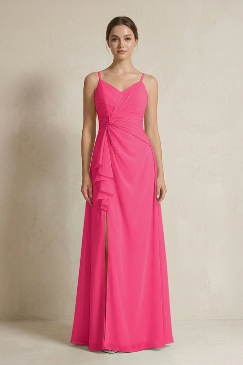 Fuchsia A-Line Ruffled Spaghetti Strap Chiffon Bridesmaid Dress | KISSBRIDAL
