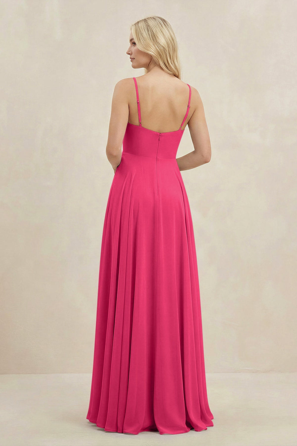 A-Line Spaghetti Strap Chiffon Bridesmaid Dress in Fuchsia
