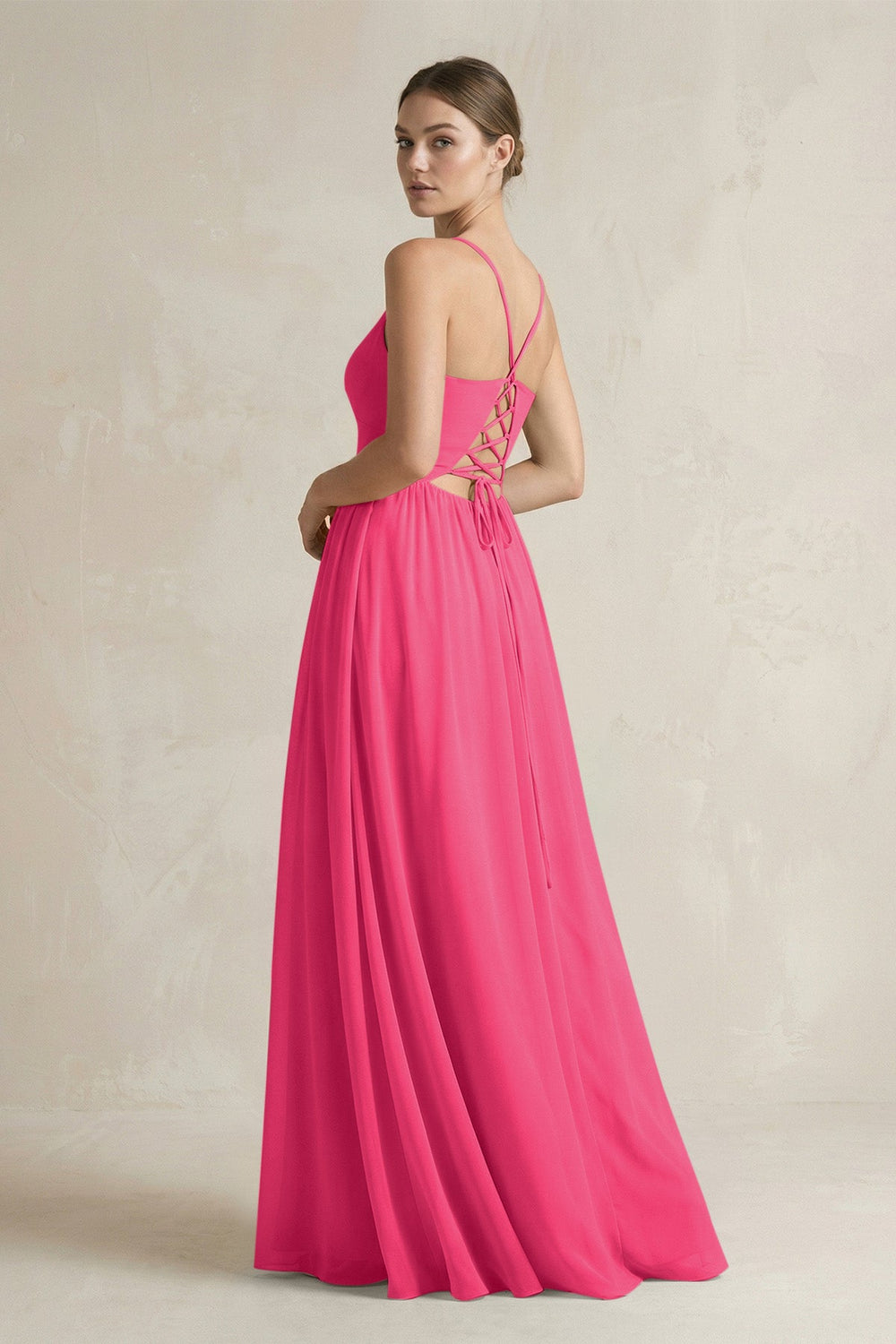 A-Line Spaghetti Strap Chiffon Bridesmaid Dress in Fuchsia
