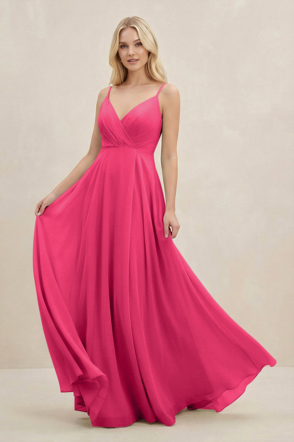 A-Line Spaghetti Strap Chiffon Bridesmaid Dress in Fuchsia