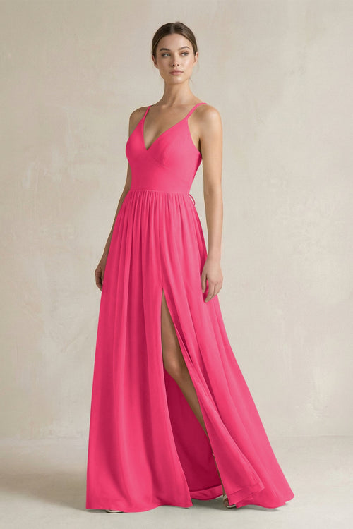 Fuchsia A-Line Spaghetti Strap Chiffon Bridesmaid Dress | KISSBRIDAL