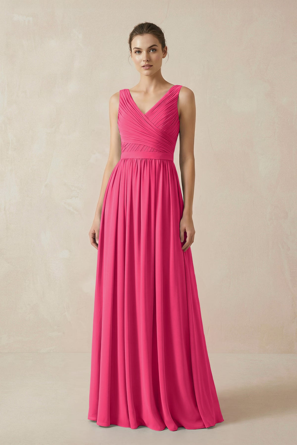 A-Line V-Neck Pleated Chiffon Bridesmaid Dress in Fuchsia