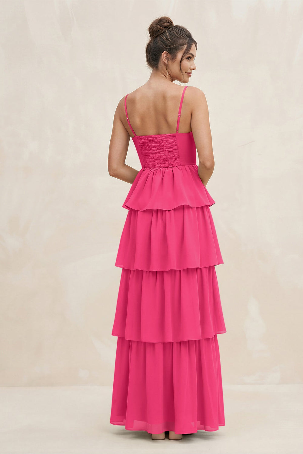 Cami Strap Tiered A-Line Chiffon Bridesmaid Dress in Fuchsia