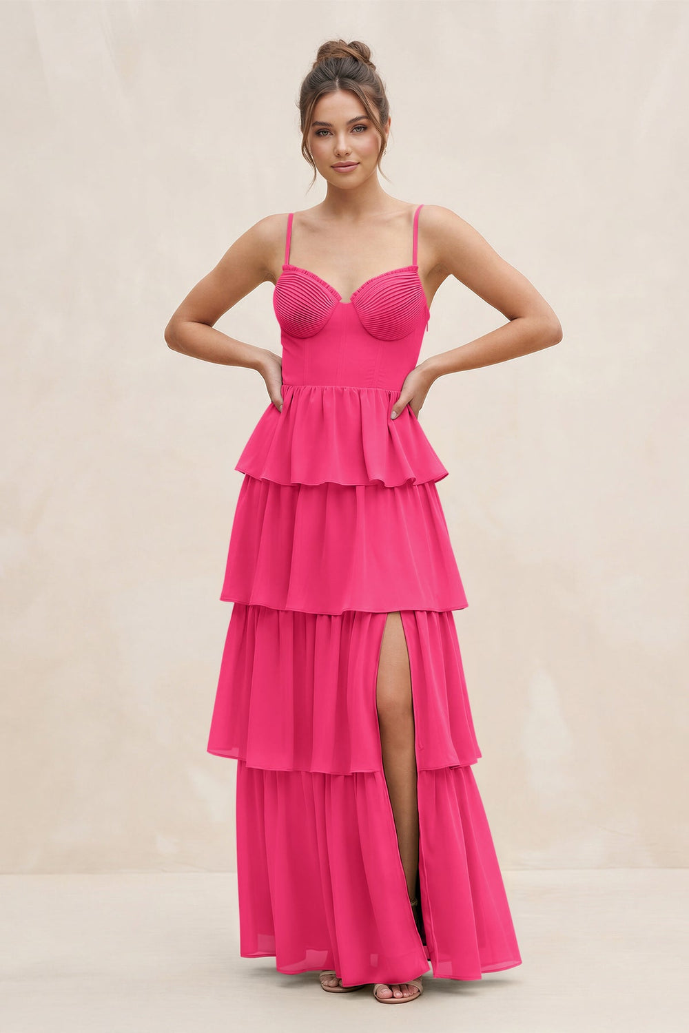 Cami Strap Tiered A-Line Chiffon Bridesmaid Dress in Fuchsia