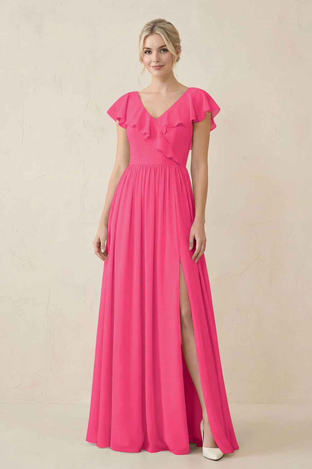 Cap Sleeve A-Line Ruffled Chiffon Bridesmaid Dress in Fuchsia