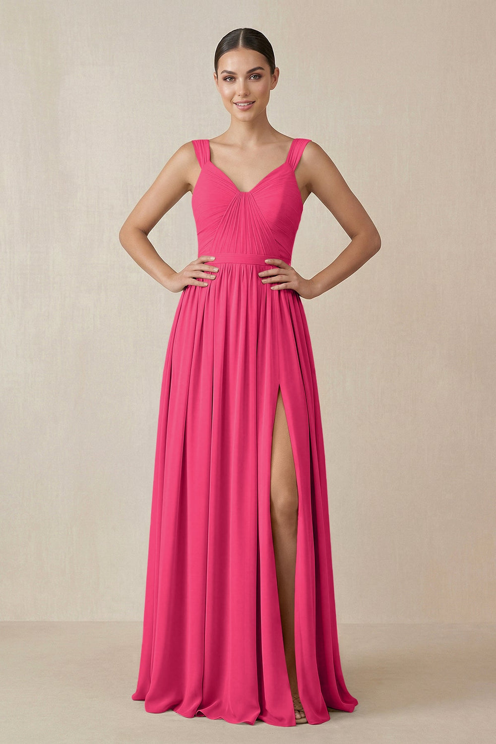 Chiffon A-Line Pleated Bridesmaid Dress in Fuchsia