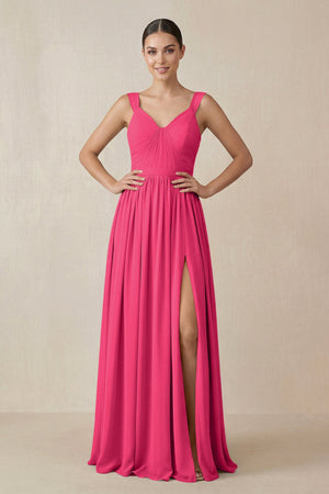 Fuchsia Chiffon A-Line Pleated Bridesmaid Dress | KISSBRIDAL