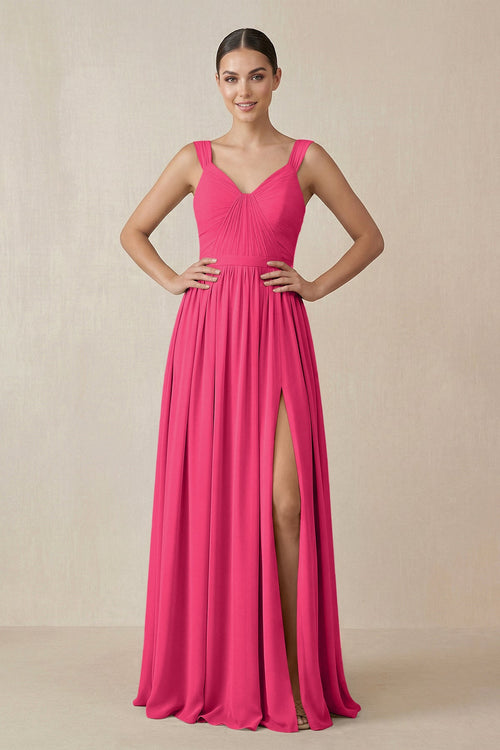 Fuchsia Chiffon A-Line Pleated Bridesmaid Dress | KISSBRIDAL