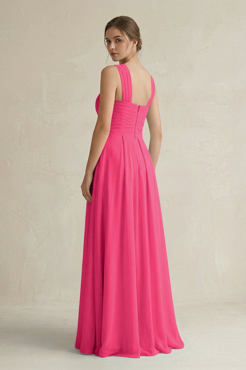 Cross Halter Chiffon A-Line Pleated Bridesmaid Dress in Fuchsia