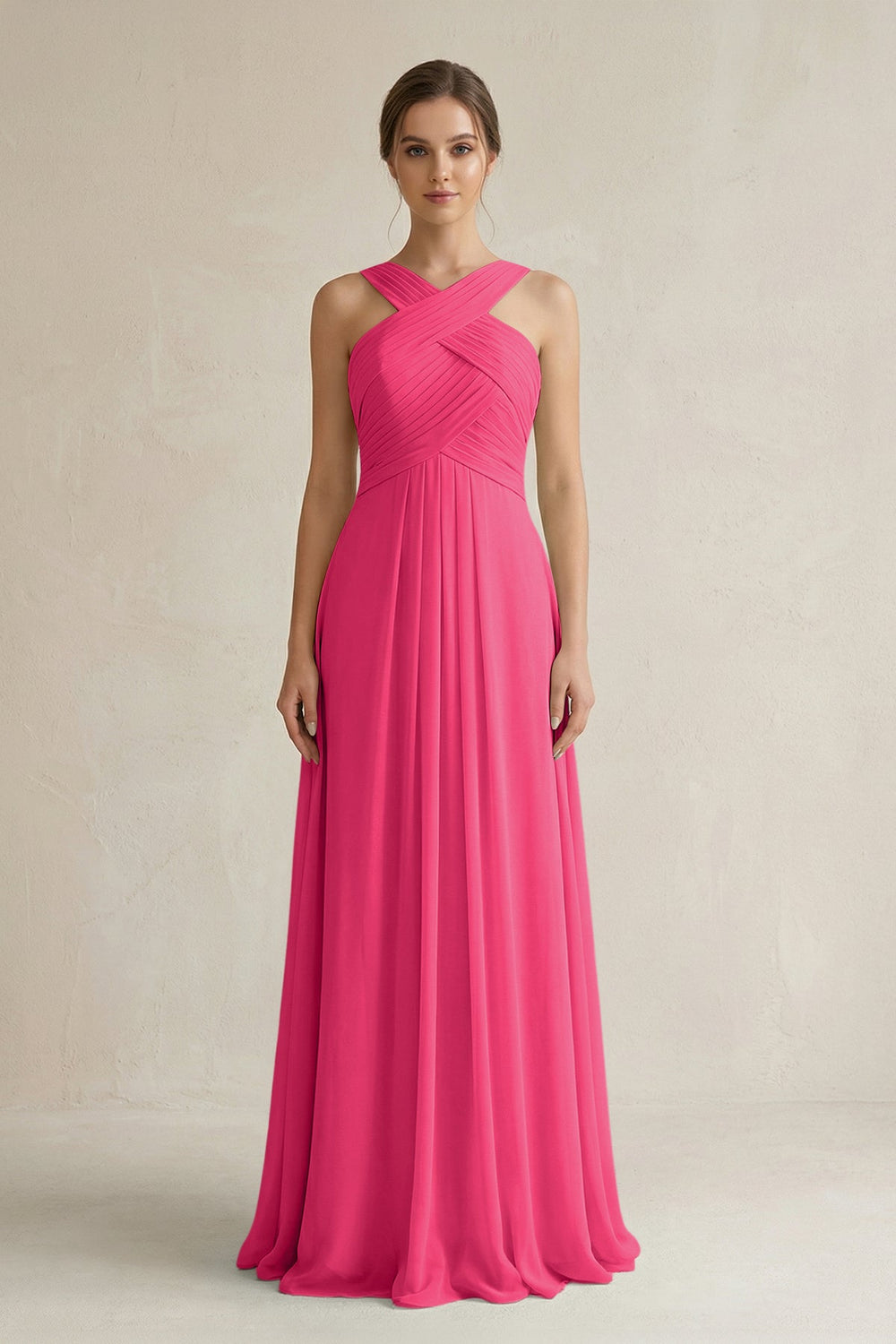 Cross Halter Chiffon A-Line Pleated Bridesmaid Dress in Fuchsia