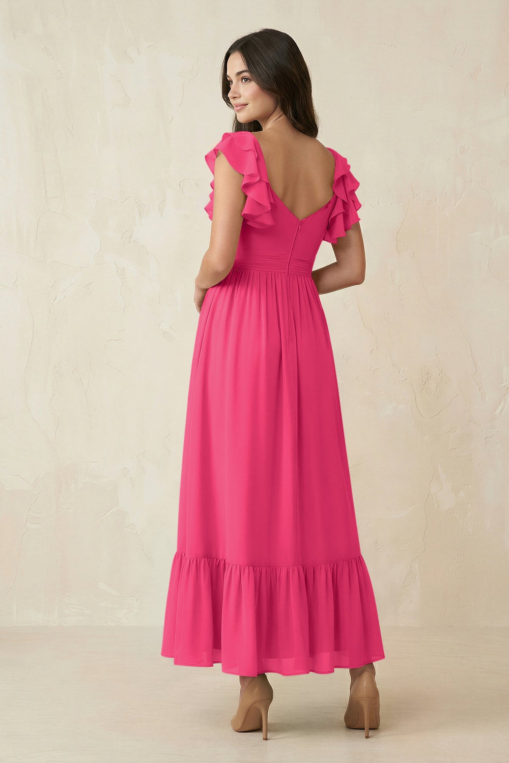 Flutter Sleeve Sweetheart A-Line Chiffon Bridesmaid Dress in Fuchsia