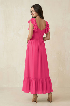 Fuchsia Flutter Sleeve Sweetheart A-Line Chiffon Bridesmaid Dress (2) | KISSBRIDAL