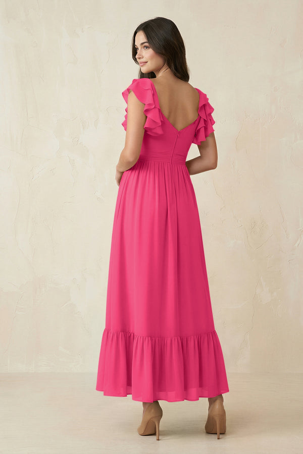 Fuchsia Flutter Sleeve Sweetheart A-Line Chiffon Bridesmaid Dress (2) | KISSBRIDAL