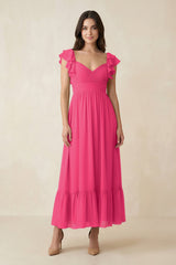 Fuchsia Flutter Sleeve Sweetheart A-Line Chiffon Bridesmaid Dress | KISSBRIDAL
