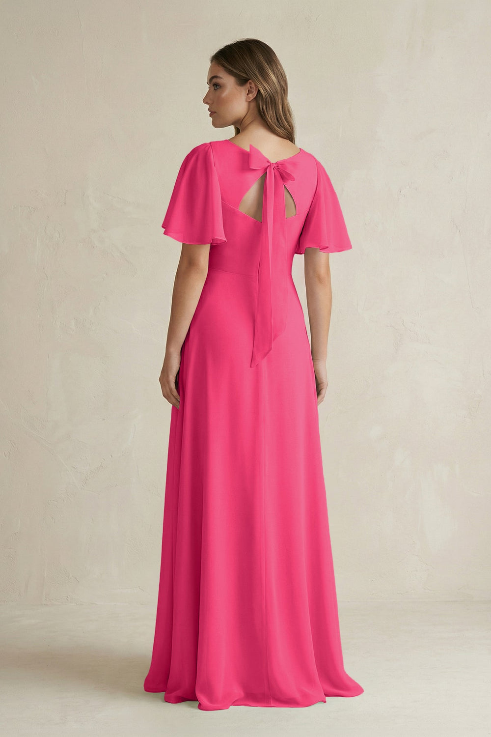 Flutter Sleeve V-Neck A-Line Chiffon Bridesmaid Dress in Fuchsia