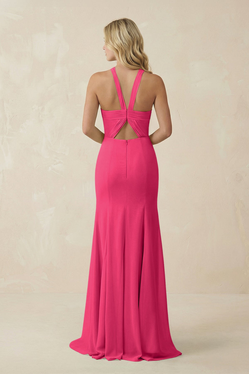 Halter Chiffon Mermaid Ruched Bridesmaid Dress in Fuchsia