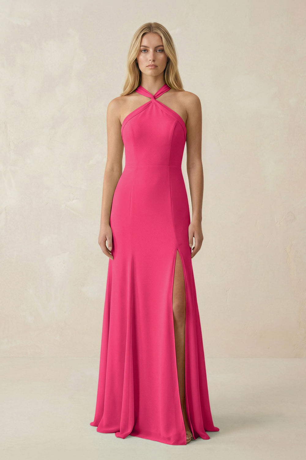 Halter Chiffon Mermaid Ruched Bridesmaid Dress in Fuchsia