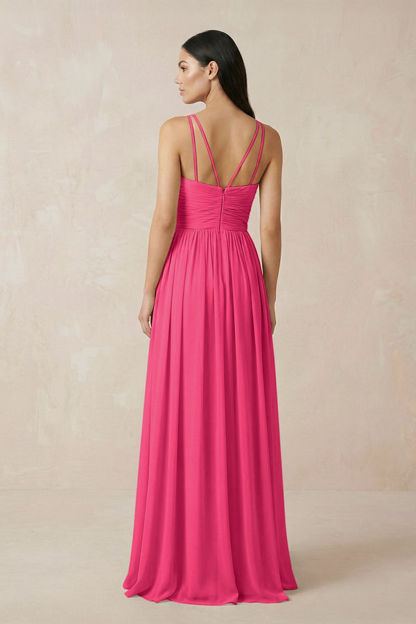 Fuchsia Halter Neck A-Line Chiffon Bridesmaid Dress (2) | KISSBRIDAL