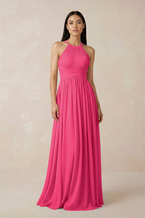 Fuchsia Halter Neck A-Line Chiffon Bridesmaid Dress | KISSBRIDAL