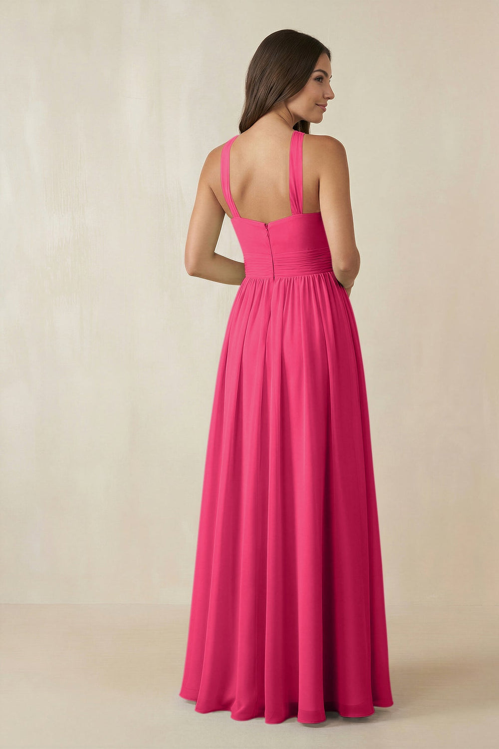 Halter Neck Ruched A-Line Chiffon Bridesmaid Dress in Fuchsia