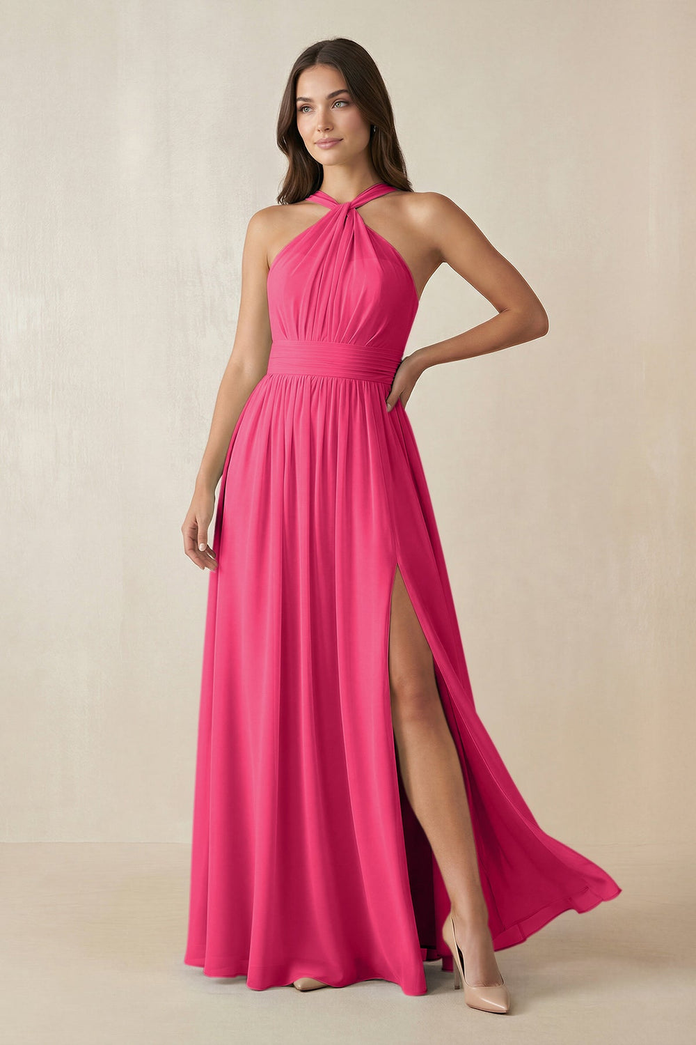 Halter Neck Ruched A-Line Chiffon Bridesmaid Dress in Fuchsia