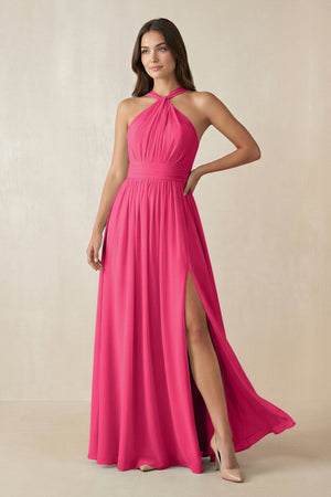 Fuchsia Halter Neck Ruched A-Line Chiffon Bridesmaid Dress | KISSBRIDAL
