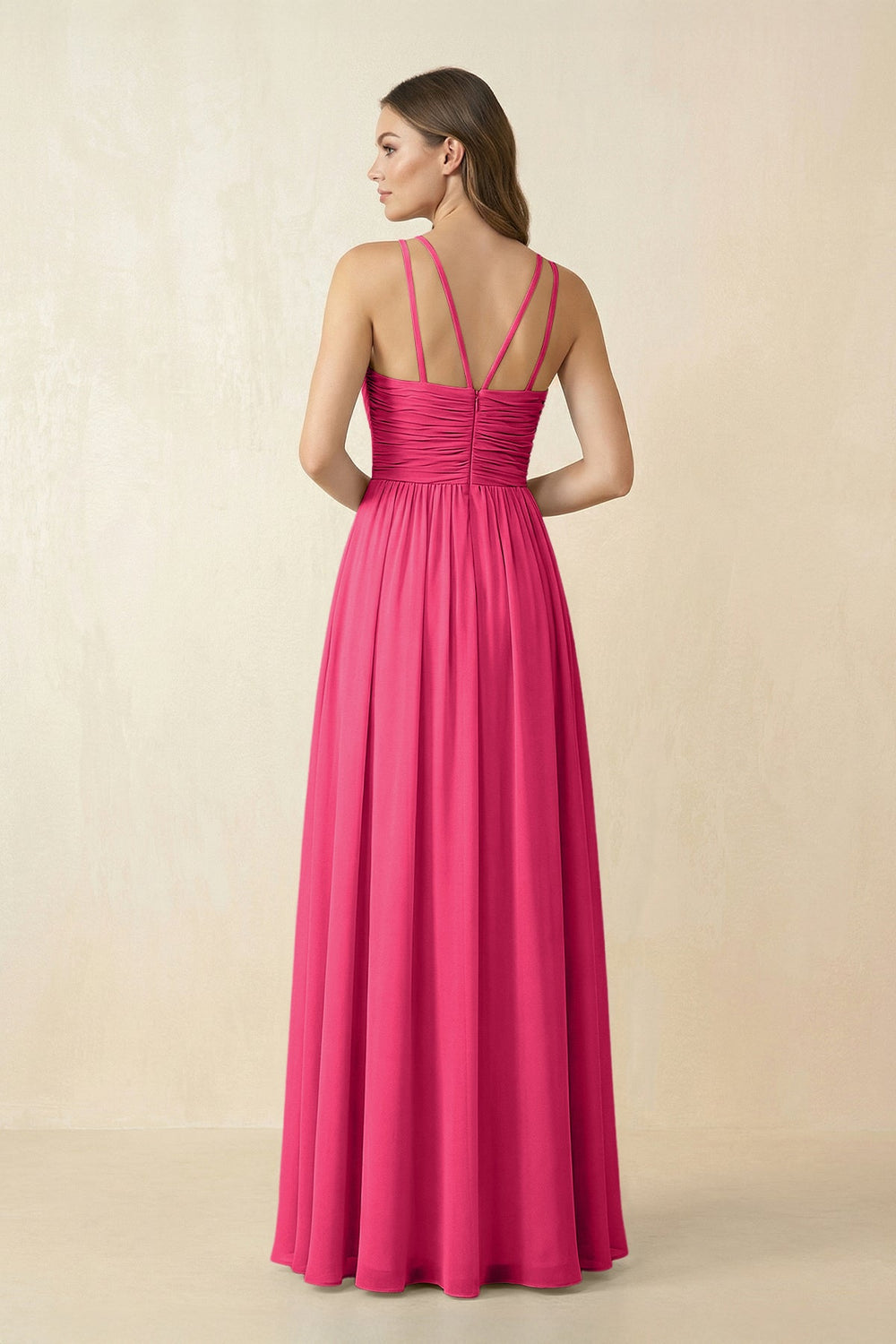 Halter Pleated A-Line Chiffon Bridesmaid Dress in Fuchsia