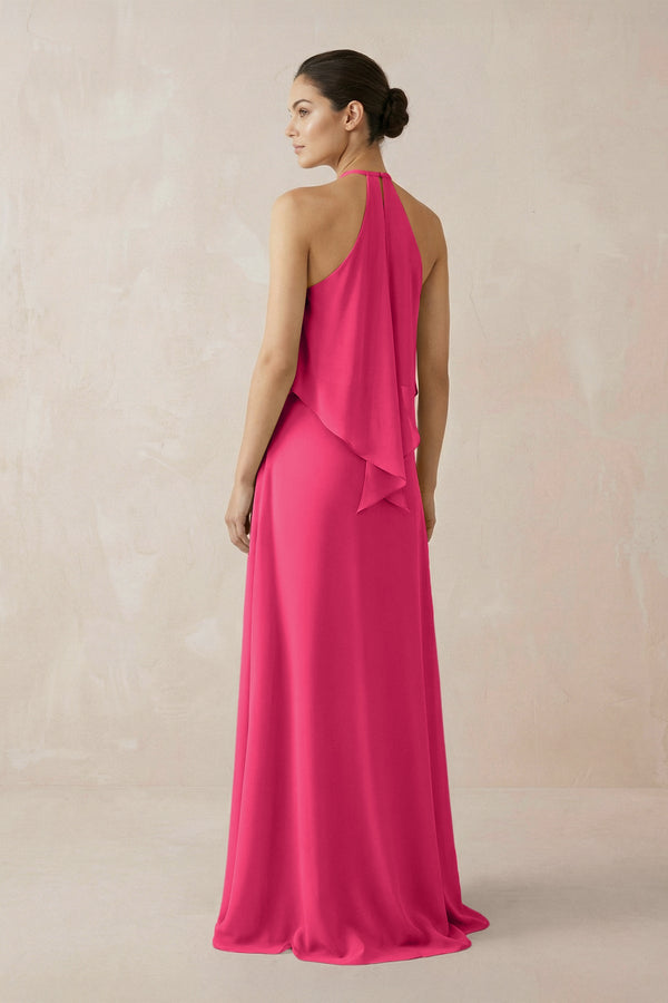 Fuchsia Halter Sheath Ruffled Chiffon Bridesmaid Dress (2) | KISSBRIDAL
