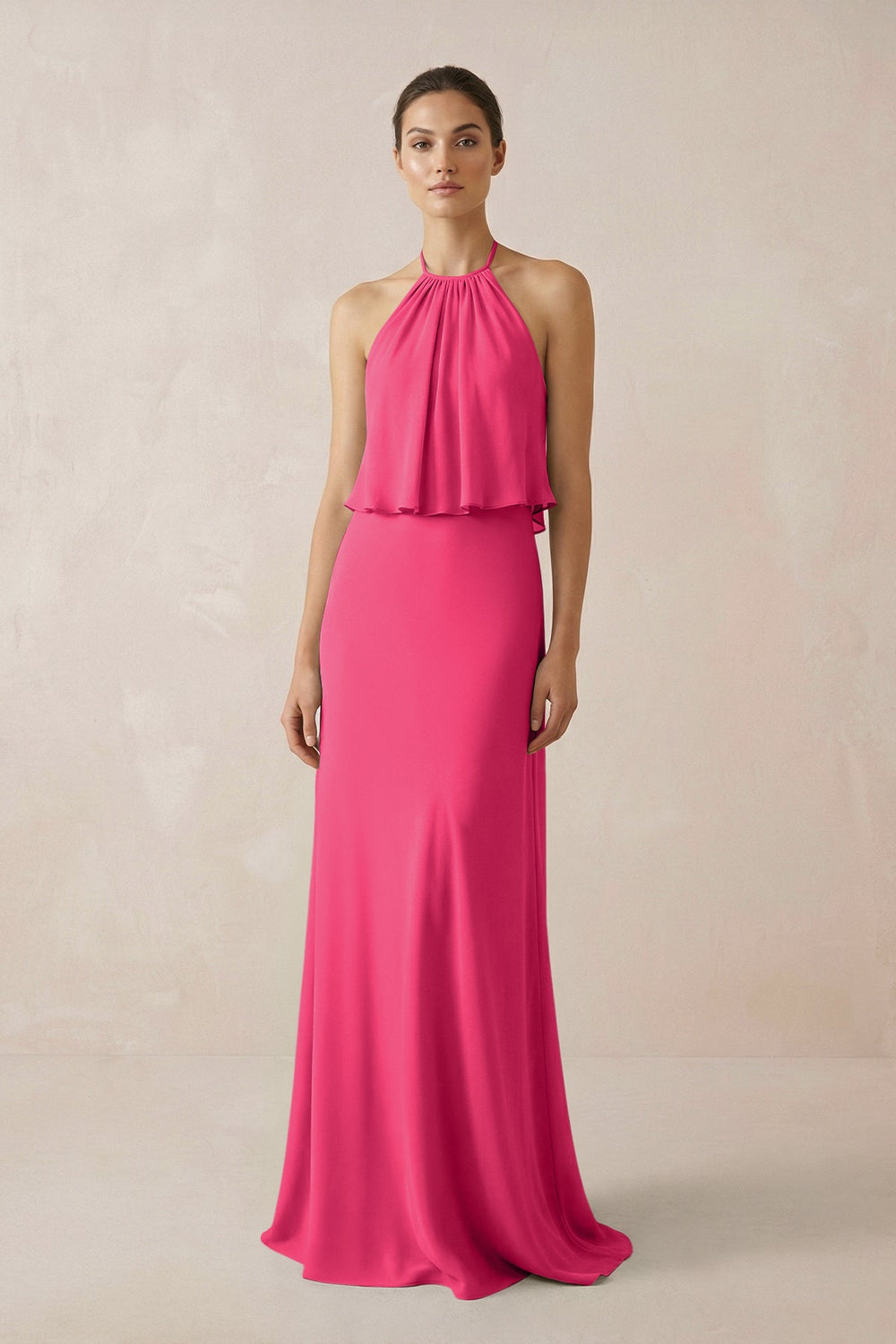 Halter Sheath Ruffled Chiffon Bridesmaid Dress in Fuchsia