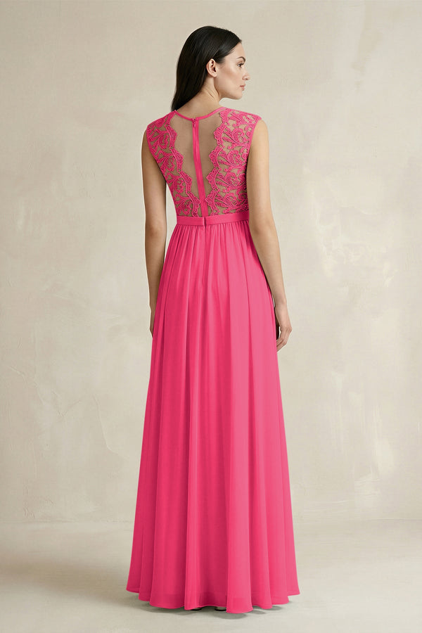 Fuchsia Lace Chiffon A-Line Round Neck Bridesmaid Dress (2) | KISSBRIDAL