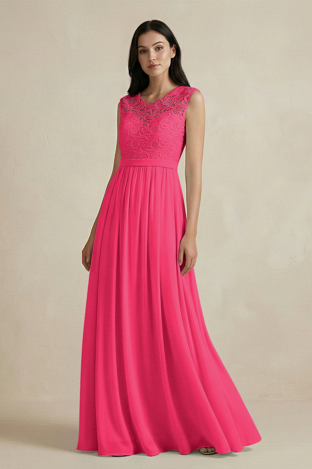 Lace Chiffon A-Line Round Neck Bridesmaid Dress in Fuchsia