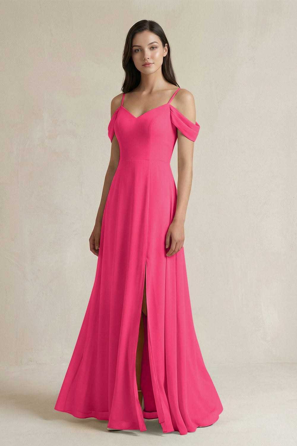 Off-the-Shoulder Chiffon A-Line Bridesmaid Dress in Fuchsia
