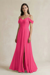 Fuchsia Off-the-Shoulder Chiffon A-Line Bridesmaid Dress | KISSBRIDAL