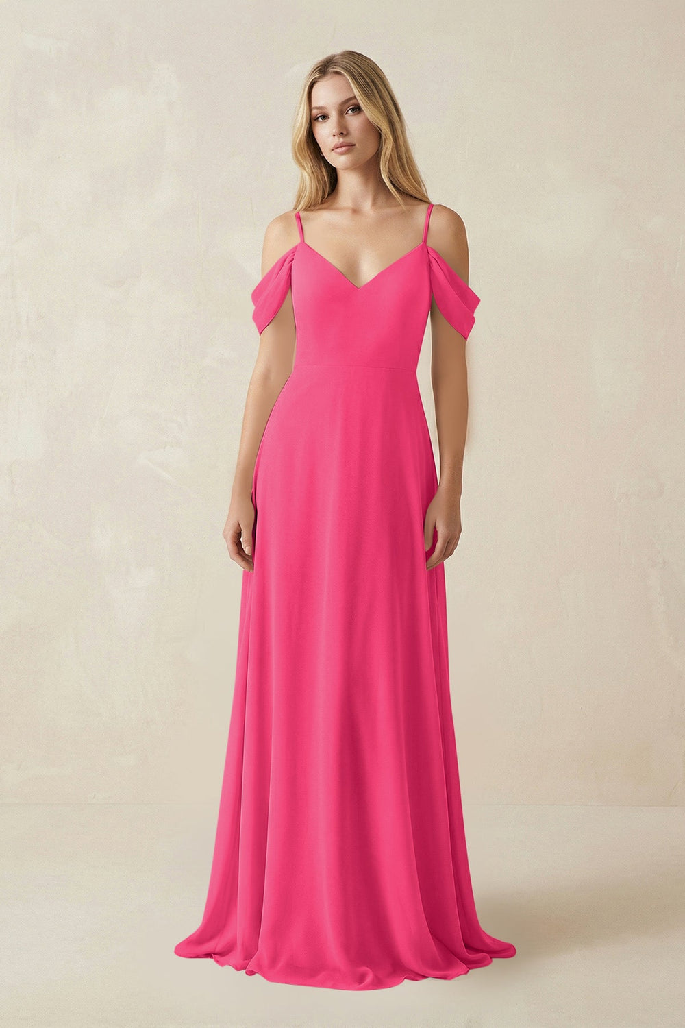 Off-the-Shoulder Chiffon A-Line Maxi Bridesmaid Dress in Fuchsia