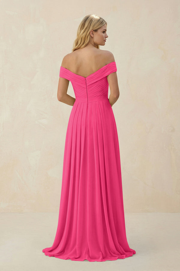 Fuchsia Off-the-Shoulder Pleated A-Line Chiffon Bridesmaid Dress (2) | KISSBRIDAL