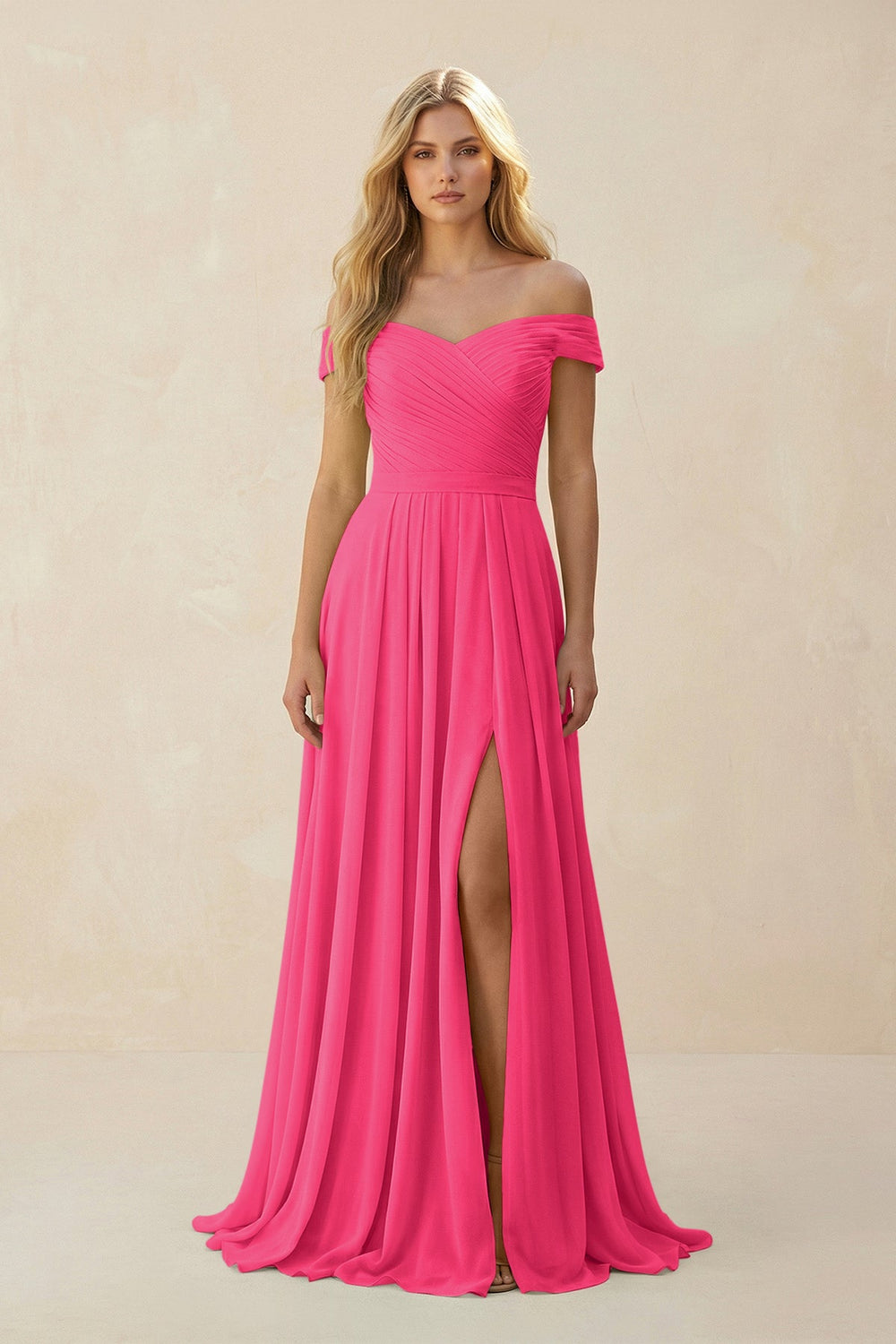 Off-the-Shoulder Pleated A-Line Chiffon Bridesmaid Dress in Fuchsia