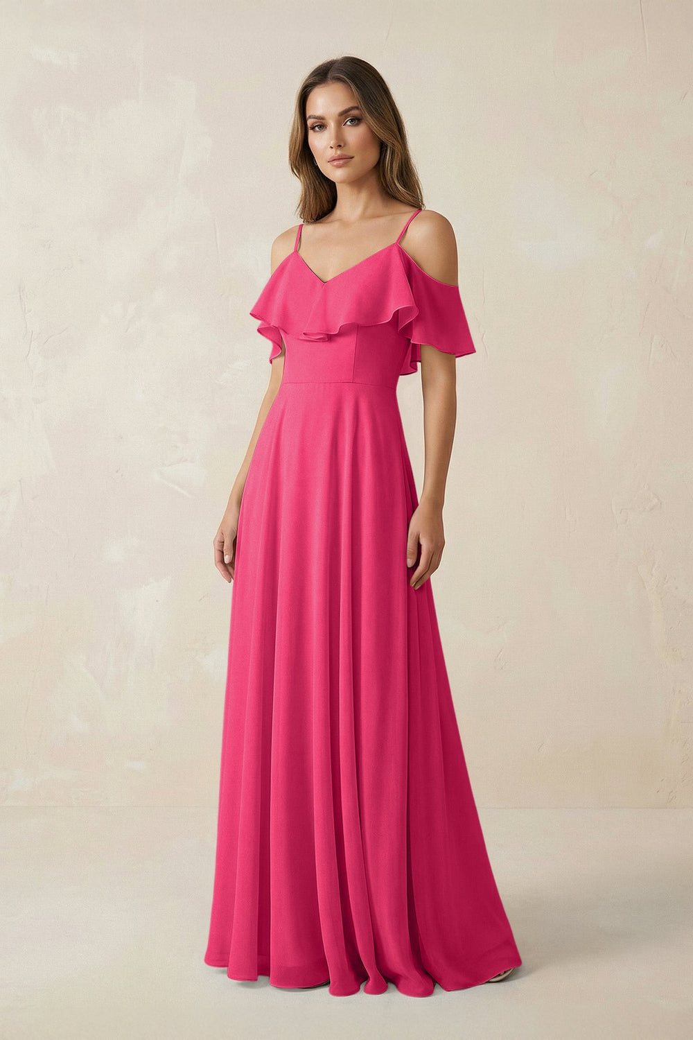 Off-the-Shoulder Ruffled A-Line Chiffon Bridesmaid Dress in Fuchsia