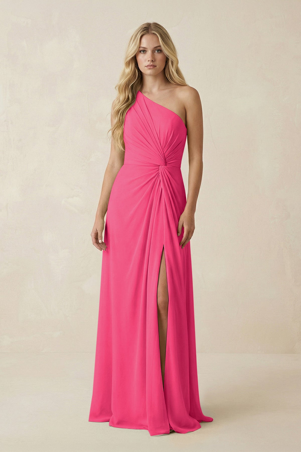 One-Shoulder Ruched A-Line Chiffon Bridesmaid Dress in Fuchsia