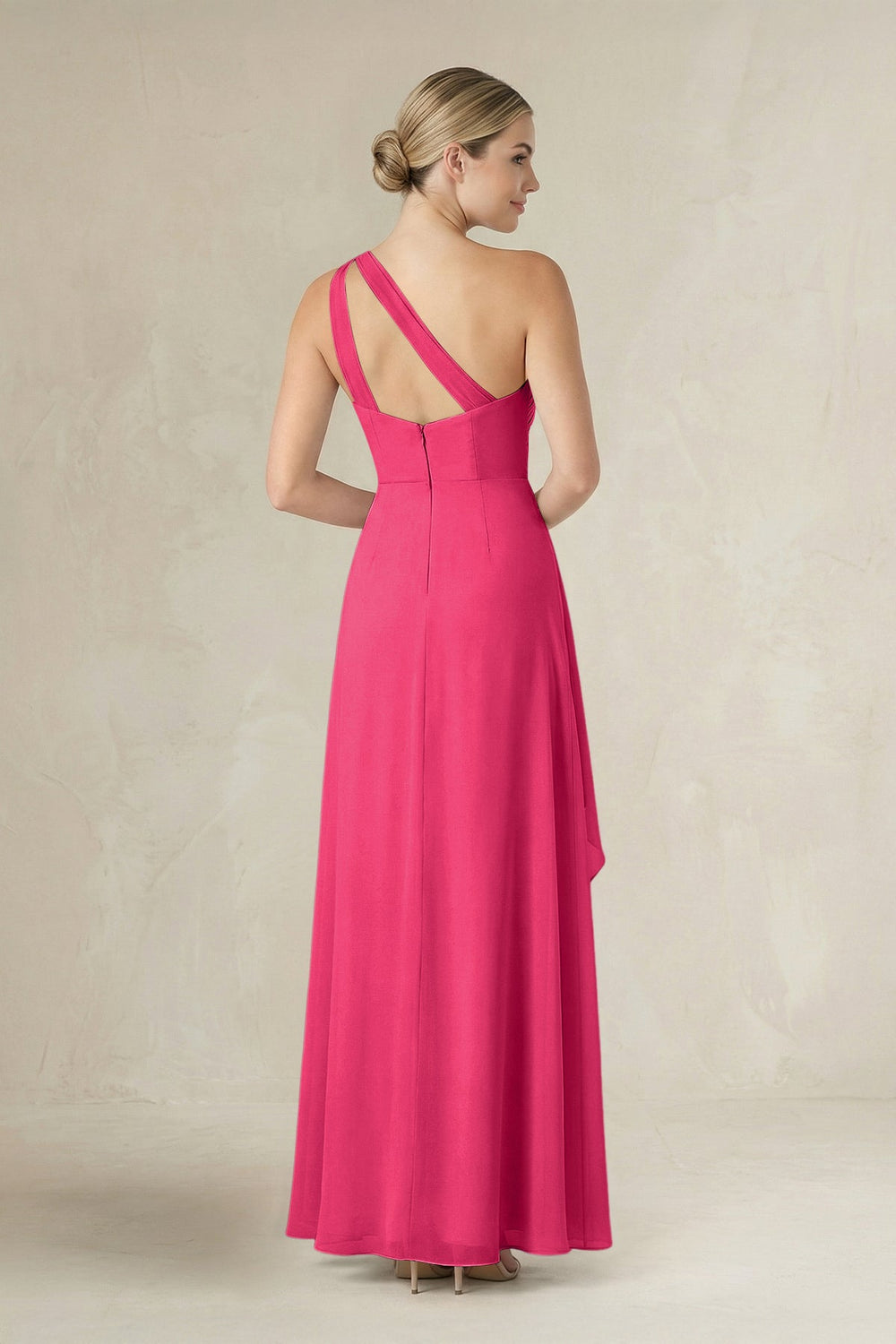 One-Shoulder Sheath Ruched Ruffled Bridesmaid Dress in Fuchsia