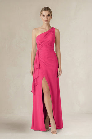 Fuchsia One-Shoulder Sheath Ruched Ruffled Bridesmaid Dress | KISSBRIDAL