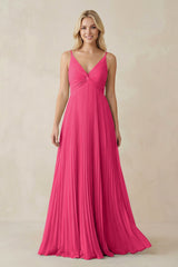 Fuchsia Pleated V-Neck A-Line Chiffon Bridesmaid Dress | KISSBRIDAL