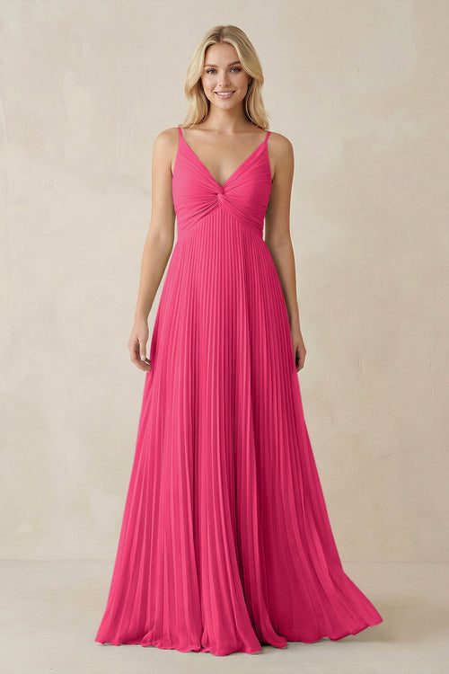 Fuchsia Pleated V-Neck A-Line Chiffon Bridesmaid Dress | KISSBRIDAL
