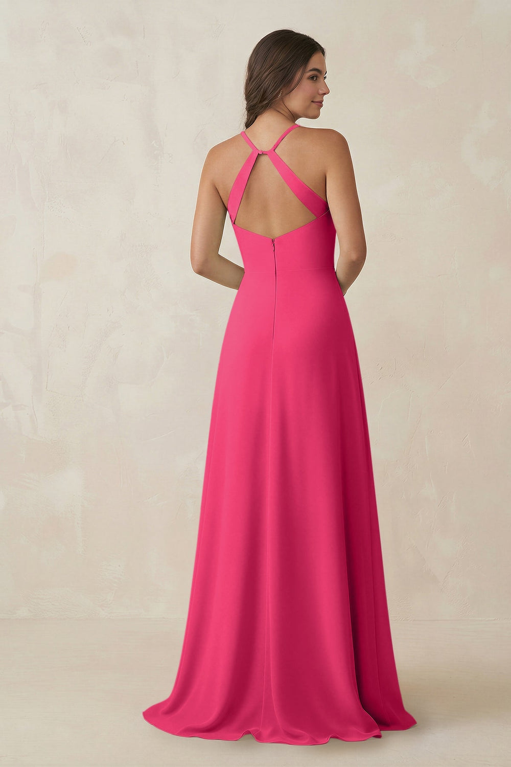 Ruched Sheath Chiffon Bridesmaid Dress in Fuchsia