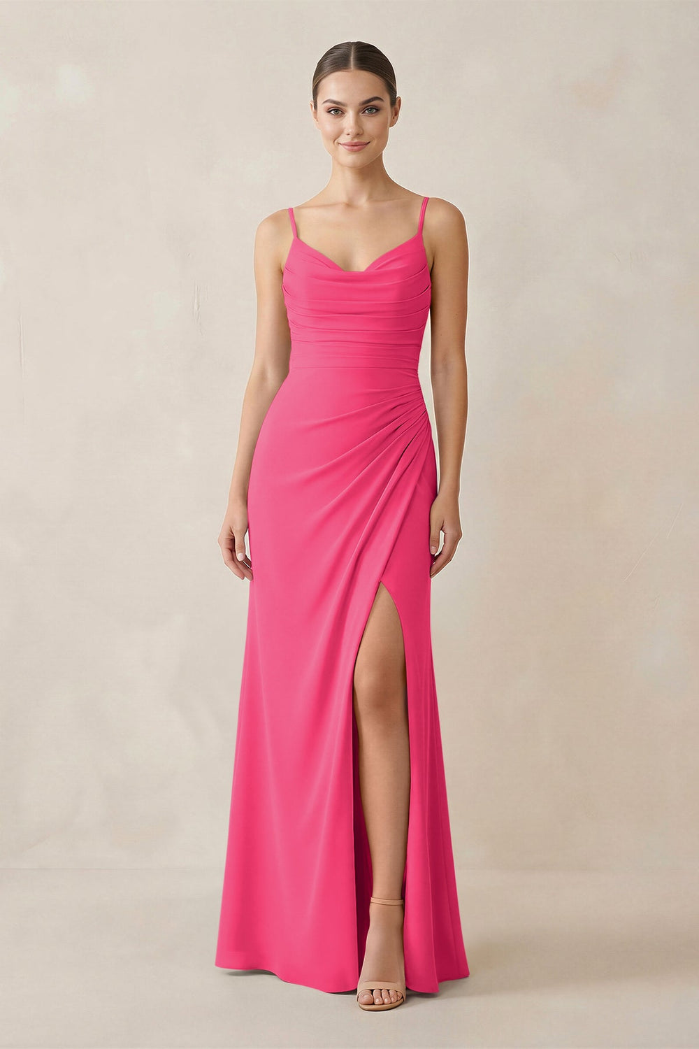 Ruched Sheath Spaghetti Strap Chiffon Bridesmaid Dress in Fuchsia