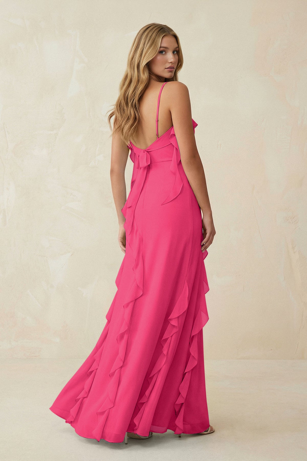 Ruffled Cami Strap Chiffon Sheath Bridesmaid Dress in Fuchsia