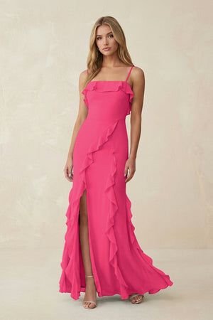 Fuchsia Ruffled Cami Strap Chiffon Sheath Bridesmaid Dress | KISSBRIDAL