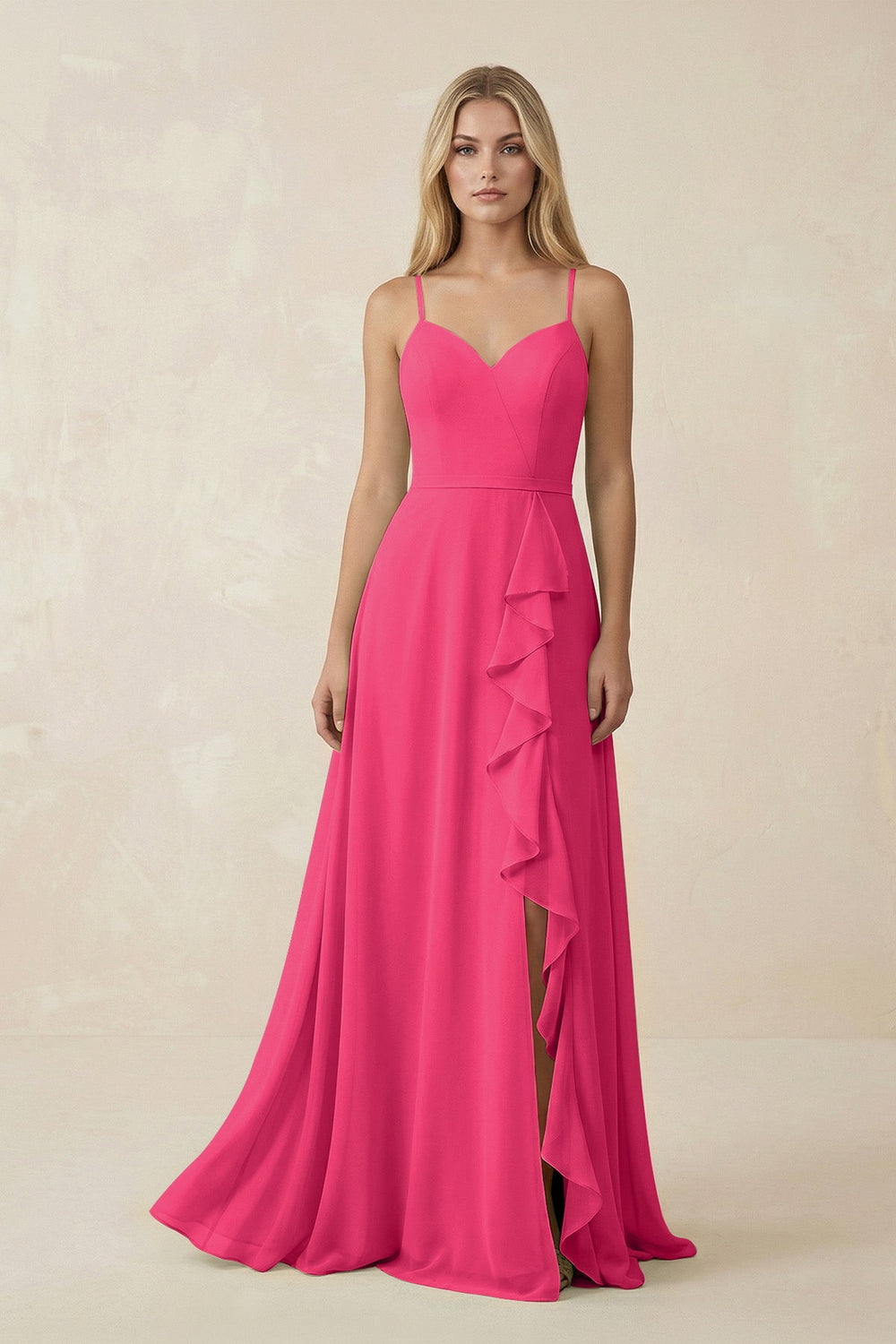 Ruffled Hem A-Line Chiffon Bridesmaid Dress in Fuchsia