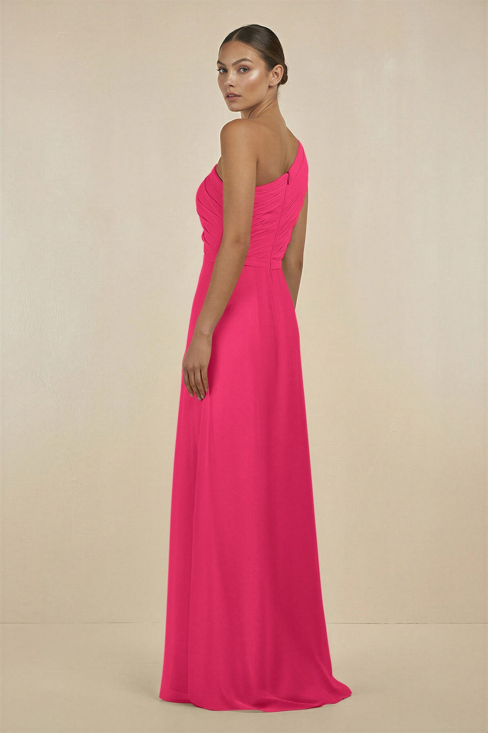 Ruffled One-Shoulder Pleated Sheath Bridesmaid Dress in Fuchsia