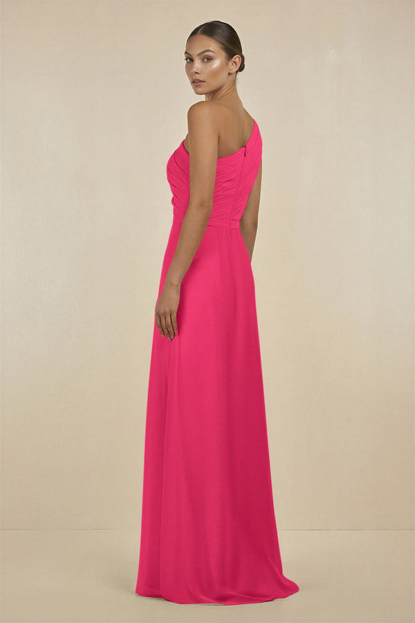 Fuchsia Ruffled One-Shoulder Pleated Sheath Bridesmaid Dress (2) | KISSBRIDAL